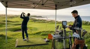 A golfer undergoing a professional custom fitting session for premium golf clubs using a launch monitor on a links course.