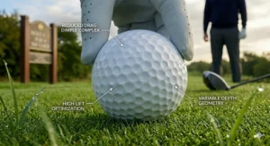 A high-detail 4K illustration focusing in close-up on the advanced dimple pattern of a distance golf ball with technical call-outs for reduced drag and high lift.