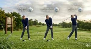A 4K infographic comparing how distance golf balls compress at different clubhead speeds for amateur UK golfers on a lush fairway.