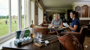A golfer using a high-visibility yellow distance ball on a frosty UK golf course during a winter morning round.