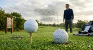 A macro comparison of two distance golf balls on a UK fairway, highlighting the resilient ionomer cover after multiple holes of play.