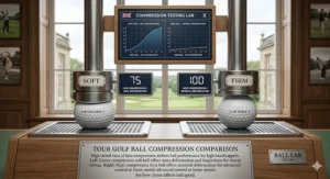 A photorealistic illustration in a high-tech British golf lab, comparing the soft and firm compression deformation of tour-level golf balls to help high handicappers increase ball speed.