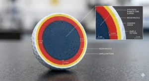 Alt text for image 2: A cross-section diagram showing the multi-layer construction of a premium control ball versus a two-piece distance ball.