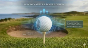 A technical illustration showing airflow and reduced drag over a tour golf ball, designed for stable flight in breezy British weather conditions.