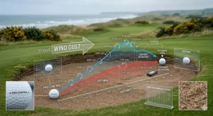Alt text for image 6: A diagram showing how the lower spin of a distance ball can offer a more stable flight path in breezy British coastal weather.