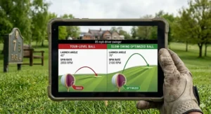 A comparison chart on a digital tablet showing the higher launch angle and optimised flight path of a distance golf ball for a golfer swinging at 85 mph.