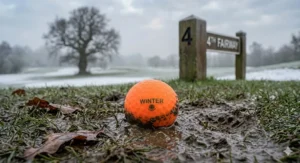 A golf ball plugged in soft, damp turf on a British fairway, illustrating the need for high-launch winter balls.