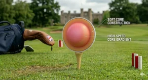 A cross-section diagram of a multi-layer golf ball featuring a high-speed gradient core to minimise spin and maximise total distance.