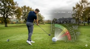 A photorealistic illustration integrating a technical performance chart with a high-detail photograph of a golfer at a British course, detailing how tour golf balls optimise core compression and distance for high club-head speeds.