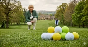 Photorealistic 4K close-up of a cluster of high-visibility white, matte yellow, and matte lime green soft feel golf balls on a lush green, with a blurred senior female golfer and a stone clubhouse in the background.