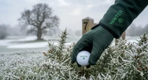 An illustration showing golf balls being kept in a pocket to maintain core temperature for better distance in cold weather.