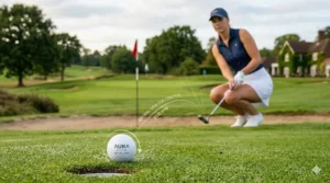 A lady golfer on a manicured British green demonstrates precise short game control as her soft feel golf ball spins and settles near the hole, with integrated spin rate graphics.