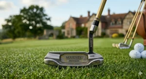 A limited-edition luxury golf putter with gold-plated accents and London engraving resting on a manicured green.