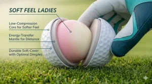 A detailed cross-section of a low compression golf ball designed for a softer feel and higher launch, resting on a manicured grass surface in natural light.