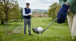 Photorealistic close-up of a senior female golfer's hand compressing a soft feel golf ball at impact, with an integrated infographic explaining low-compression benefits for slower swing speeds on a British golf course.