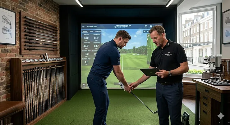 A complete set of luxury golf clubs in a handcrafted tan leather bag, positioned on a lush green fairway at a prestigious British golf course. luxury golf clubs