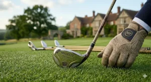A luxury hybrid golf club with a high-grade graphite shaft held by a golfer wearing a premium patterned leather glove.