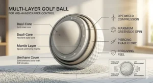 A technical diagram showing the multi-layer construction of a golf ball designed for mid-handicappers to optimise swing speed and control.