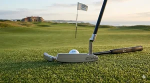 Alt text for image 6: A precision-milled blade putter resting on a fast, undulating green at a UK golf club.