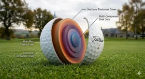 A meticulously detailed, photorealistic cross-section illustration of a multi-layer professional tour golf ball, highlighting the high-energy core structure against a soft-focus British golf course green.