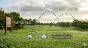 A 4K infographic showing the high-launch, low-spin trajectory of an optimised distance golf ball for maximum carry on a British course.