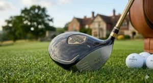 Overhead view of a high-performance luxury golf driver featuring an aerodynamic matte carbon fibre crown and gold accents.