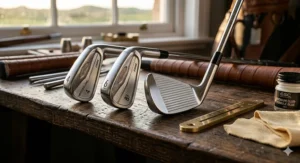 Close-up of premium forged golf irons showing a high-gloss chrome finish and precision-milled grooves on a wooden workbench.
