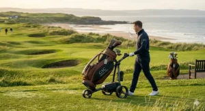 A golfer using a modern electric trolley with a waterproof premium golf bag on a traditional British links course.