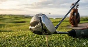 A premium golf driver with a carbon-fibre head resting on a wooden tee at a professional UK coastal golf club.