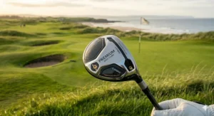 A premium golf hybrid club showing advanced material construction, including a carbon composite crown and gold weighting.