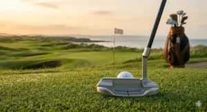 A premium milled-face putter with a custom laser-etched design, positioned on a green with a British flag in the background.