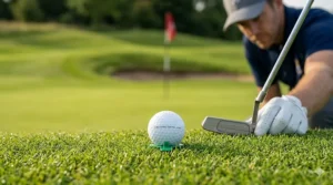 A golfer lining up a putt on a manicured green, showcasing the alignment aid on a golf ball built for consistency.