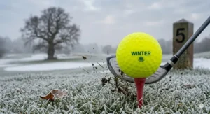 A golfer lining up a putt with a winter-specific golf ball on a temporary green during a UK winter league match.