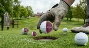 Illustration of a low-compression golf ball dropping into a hole, demonstrating how reduced side-spin helps high-handicap golfers stay on the fairway and green.