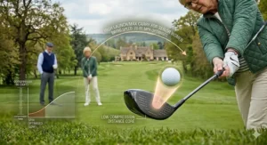 Photorealistic 4K technical infographic showing a senior female golfer launching a soft feel golf ball off the tee, with a graphic explaining optimised high launch and carry for her swing speed.