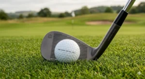 A close-up illustration of a wedge striking a golf ball, highlighting the greenside control and feel essential for mid-handicap players.