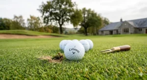 Close-up photorealistic illustration of a premium tour-grade Callaway golf ball featuring high-spin check-up upon landing on a damp British putting green, showing displaced turf and water droplets.
