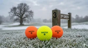 Comparison chart of soft-core golf balls vs firm-core balls for optimal winter performance on soft fairways.