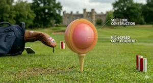 A structural 3D render of a soft core golf ball, illustrating the internal construction that balances high-launch distance with a soft feel at impact.