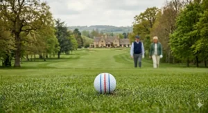 Photorealistic 4K ground-level close-up of a white soft feel golf ball at rest on a green, showing the detailed dimple pattern and the texture of the British turf.