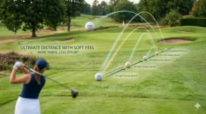 An illustration of a golf ball flight path showing increased distance for ladies on a scenic British fairway, with technical callouts for swing speed and yardage.
