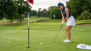 A lady golfer, wearing a navy blue sleeveless polo and white skirt, lining up a putt with a soft feel ball on a manicured British links green during a soft sunset.