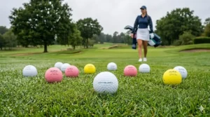 A close-up view of soft feel ladies' golf balls on a rain-kissed, damp British fairway, showcasing resilience and visibility during cool-weather play in the UK.