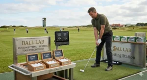 A golfer at a British Ball Lab testing station at a driving range, comparing different tour ball models for maximum forgiveness.
