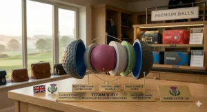 A photorealistic exploded diagram inside a British pro shop, showing the multi-layer construction of a Titan V-Fit golf ball with labels for the soft urethane cover, mantle, and core technology in natural morning light.