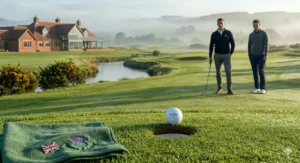 A photorealistic image on a British golf green at golden hour. A fictional Titan V-Fit golf ball hangs on the edge of the hole with two British golfers and a brick clubhouse in the background.