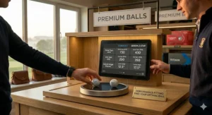 A photorealistic image inside a UK golf pro shop performance fitting station. A digital screen compares Driver and Iron Spin metrics for Titan V-Fit and Srixon Z-Star golf balls as a British golfer and pro analyse the data.
