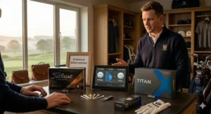 A high-detail photorealistic illustration inside a UK golf pro shop. A golf professional points to a screen displaying performance data for Titan V-Fit golf balls next to a box of Titleist Pro V1, demonstrating a premium alternative.