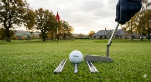 Close-up photorealistic illustration of a premium tour-grade Titleist Pro V1 golf ball featuring its precise putting alignment aid, positioned on a manicured British green under soft natural light.