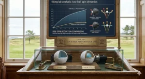 An infographic in a performance lab showing how tour-style balls reduce side-spin to help high handicappers correct slices and hooks.
